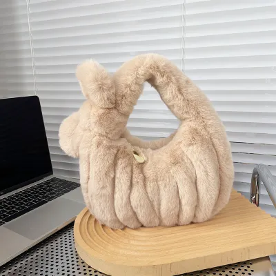 Women's Fashion Solid Color Bow Crinkled Plush Cloud Shell Handbag