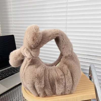 Women's Fashion Solid Color Bow Crinkled Plush Cloud Shell Handbag