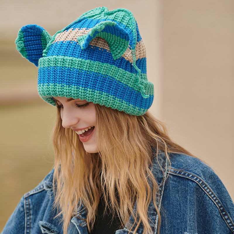 Wholesale Women Cute Cat Ears Colorblock Knitted Beanie Hat