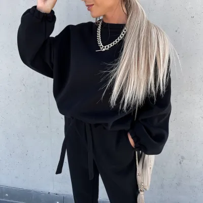Autumn Winter Fashion Athleisure Women Solid Color Sweatshirt Pants Casual Two-Piece Set