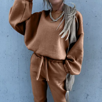 Autumn Winter Fashion Athleisure Women Solid Color Sweatshirt Pants Casual Two-Piece Set