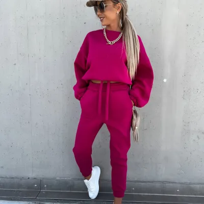 Autumn Winter Fashion Athleisure Women Solid Color Sweatshirt Pants Casual Two-Piece Set