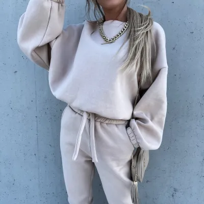 Autumn Winter Fashion Athleisure Women Solid Color Sweatshirt Pants Casual Two-Piece Set