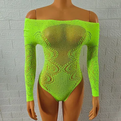 Women Sexy Hollow See-through Mesh Rhinestone Nightclub Long Sleeve Off Shoulder Bodysuit