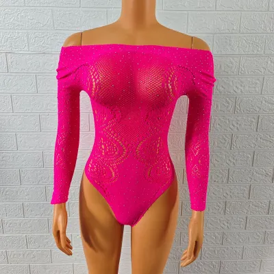 Women Sexy Hollow See-through Mesh Rhinestone Nightclub Long Sleeve Off Shoulder Bodysuit