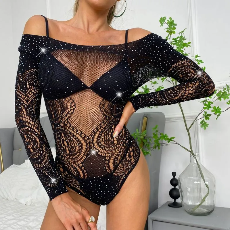Women Sexy Hollow See-through Mesh Rhinestone Nightclub Long Sleeve Off Shoulder Bodysuit