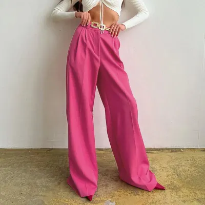 Autumn Winter Women High Waist Wide Leg Casual Solid Color Work Pants
