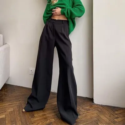Autumn Winter Women High Waist Wide Leg Casual Solid Color Work Pants
