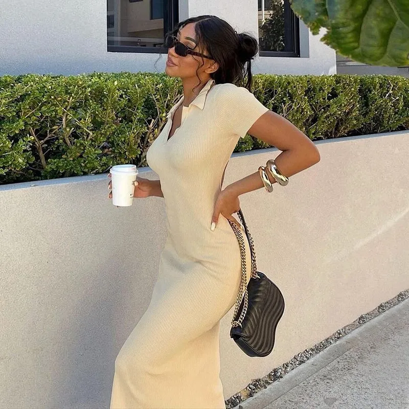 Women Solid Color Knitted V-Neck Backless Short Sleeve Side-slit Maxi Slim Dress