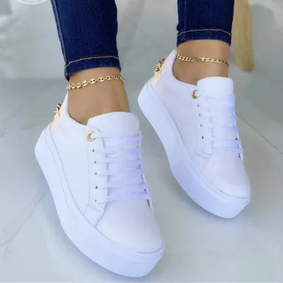 Women's Vintage Lace-Up Solid Color PU Flat Sneakers Shoes