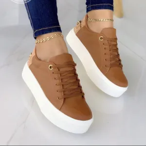 Women's Vintage Lace-Up Solid Color PU Flat Sneakers Shoes