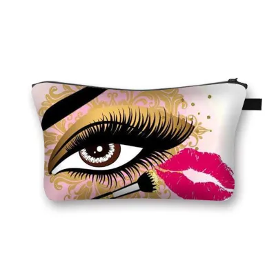 Hot Eyelash Lip Print Portable Makeup Bag Small Square Polyester Zipper Storage Pouch