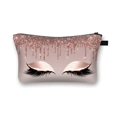 Hot Eyelash Lip Print Portable Makeup Bag Small Square Polyester Zipper Storage Pouch