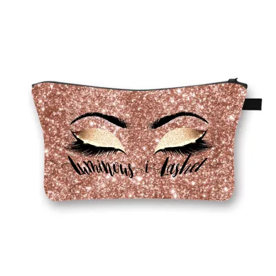 Hot Eyelash Lip Print Portable Makeup Bag Small Square Polyester Zipper Storage Pouch