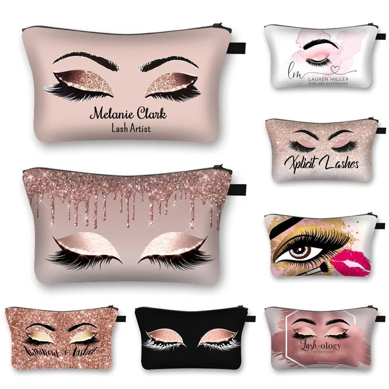 Hot Eyelash Lip Print Portable Makeup Bag Small Square Polyester Zipper Storage Pouch