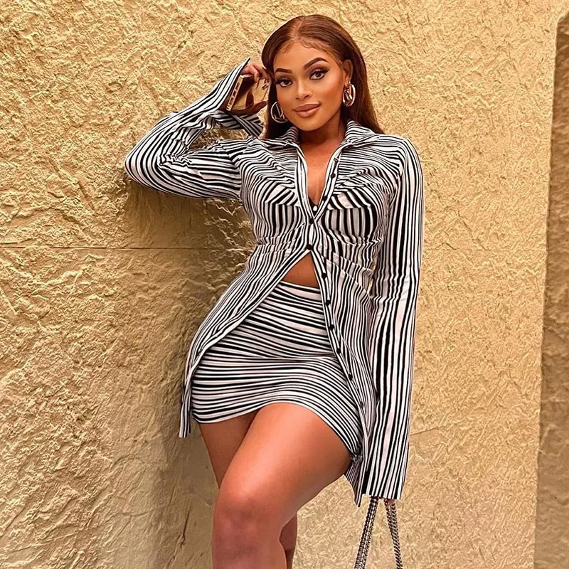Women Stripe Print Lapel Long Sleeve Button Top And Skirt Two-Piece Set