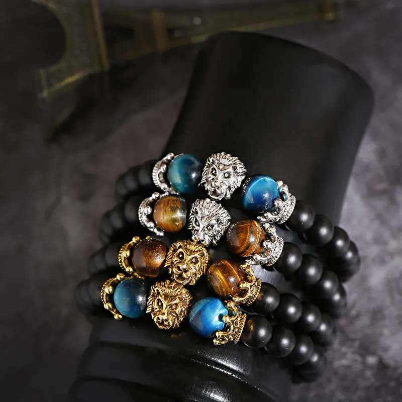 Wholesale Men's Fashion Crown Tiger Eye Stone Lion Beaded Bracelet