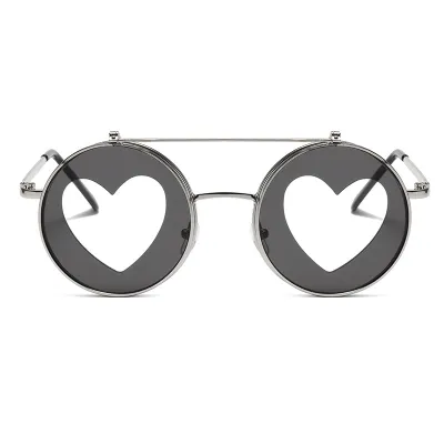Unisex Fashion Metal Heart Flap Round Sunglasses