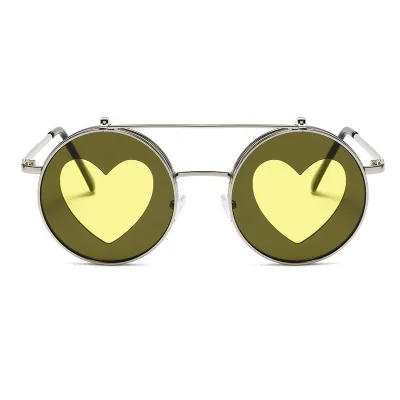 Unisex Fashion Metal Heart Flap Round Sunglasses