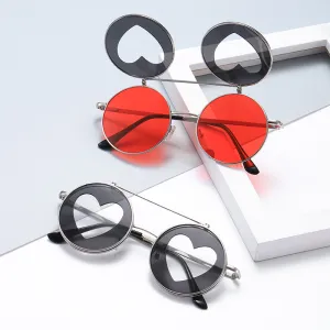 Unisex Fashion Metal Heart Flap Round Sunglasses