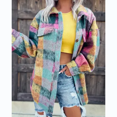 Autumn Winter Plaid Print Casual Fashion Lapel Long-Sleeved Coat Shacket
