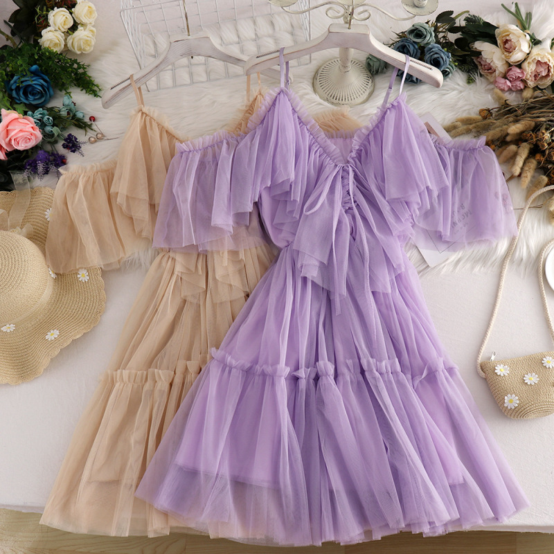 Wholesale Women Off-The-Shoulder Sling Ruffle Mesh Dress