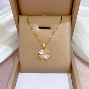 Wholesale Women Creative Colorful Rhinestone Clover Pendant Titanium Steel Necklace