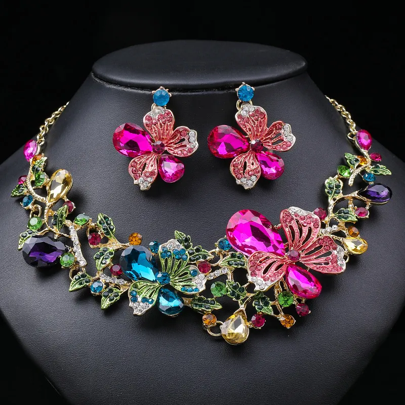 Wholesale Women Fashion Multicolor Hollow Floral Gemstone Necklace Earrings Jewelry Set