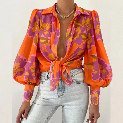 Summer Elegant Women Puff Sleeve Lapel Floral Print Blouse