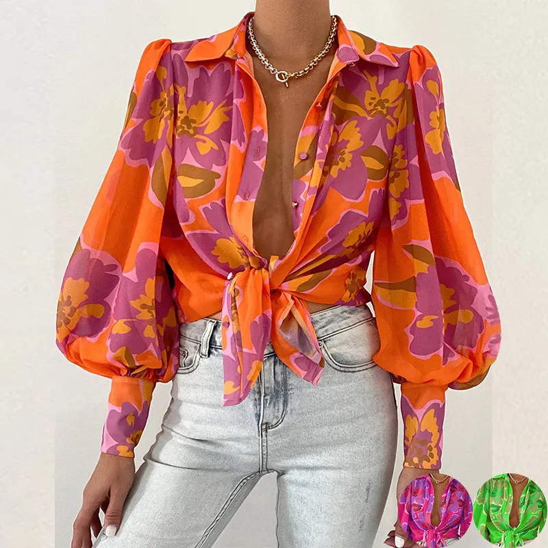 Summer Elegant Women Puff Sleeve Lapel Floral Print Blouse