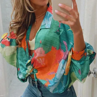 Women's Sweet Fashion Multicolor Floral Printed Long Sleeve Loose Casual Knot Blouse