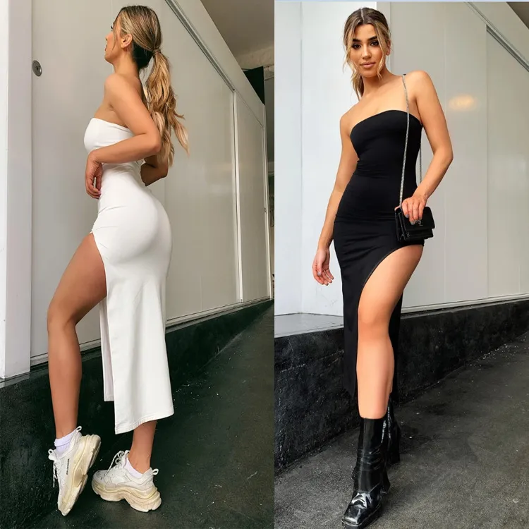 Sexy Edgy Women Solid Color Tube Top Split Bodycon Dress