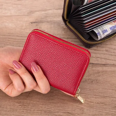 Women's Fashion Lychee Grain Card Holder Multiple Card Slots Solid PU Zipper Wallet