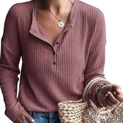 Autumn Winter Women Casual Solid Buttoned Long Sleeve Pullover Top