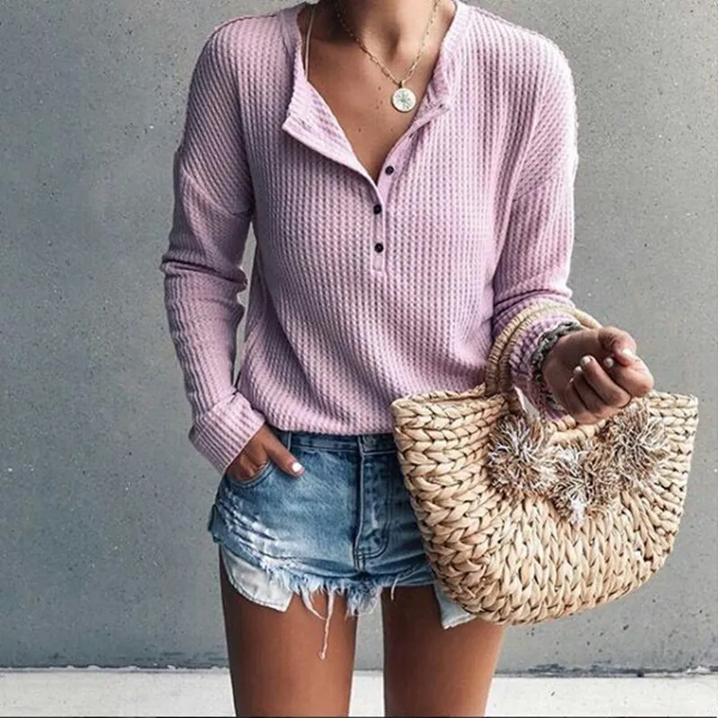 Autumn Winter Women Casual Solid Buttoned Long Sleeve Pullover Top