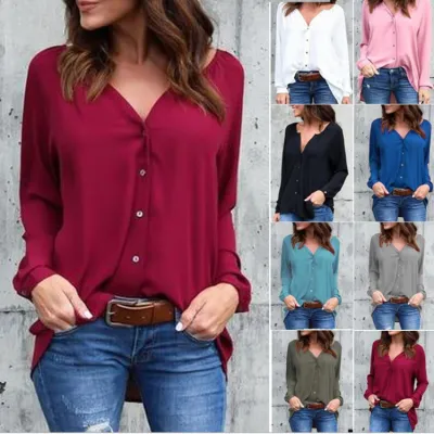 Women Casual V-Neck Button Long-Sleeved Loose Chiffon Blouse