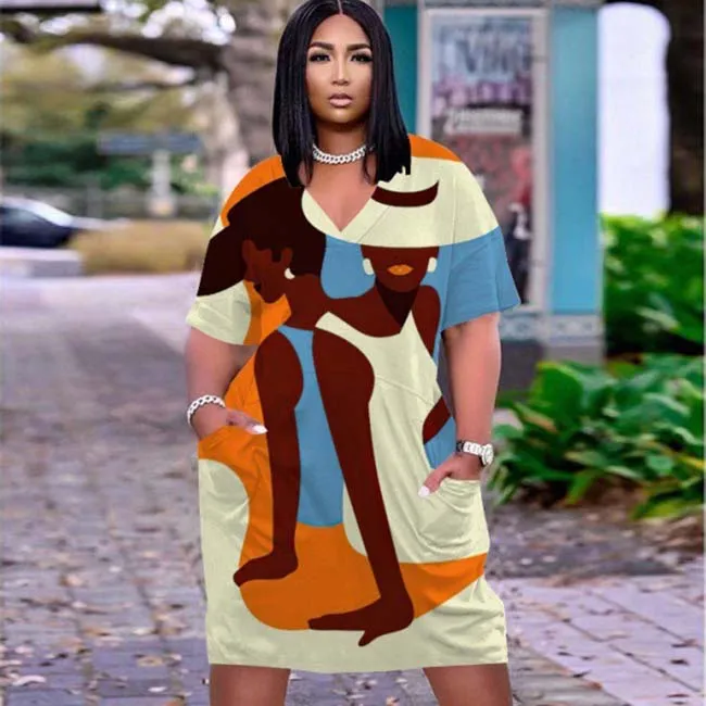 Women Casual Mid-Length Large Size Loose Printed V-Neck Long Sleeve Dress