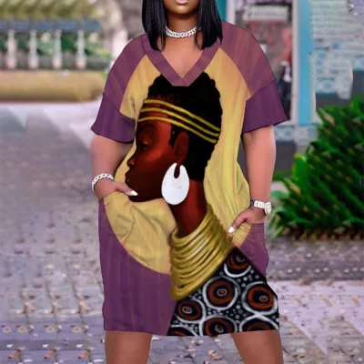 Women Casual Mid-Length Large Size Loose Printed V-Neck Long Sleeve Dress