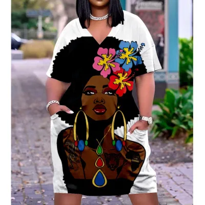 Women Casual Mid-Length Large Size Loose Printed V-Neck Long Sleeve Dress