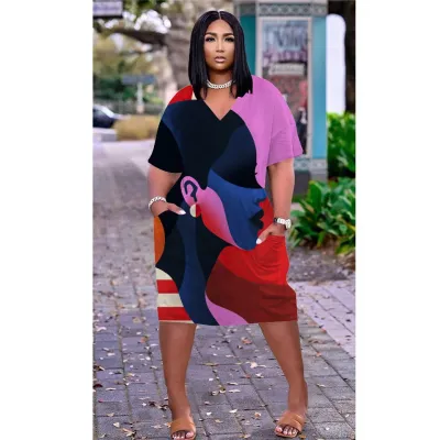 Women Casual Mid-Length Large Size Loose Printed V-Neck Long Sleeve Dress