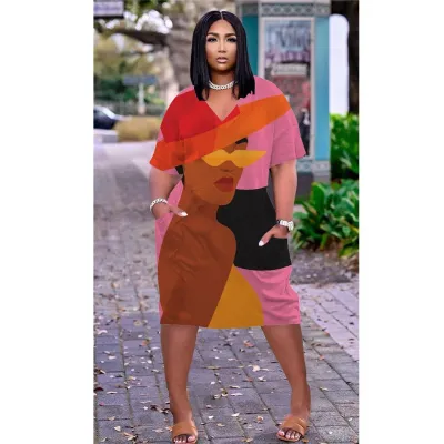 Women Casual Mid-Length Large Size Loose Printed V-Neck Long Sleeve Dress