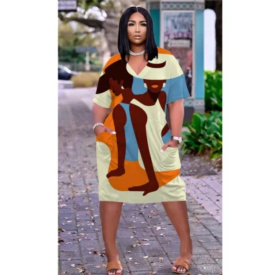Women Casual Mid-Length Large Size Loose Printed V-Neck Long Sleeve Dress