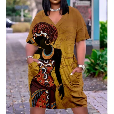 Women Casual Mid-Length Large Size Loose Printed V-Neck Long Sleeve Dress