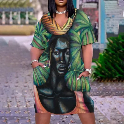 Women Casual Mid-Length Large Size Loose Printed V-Neck Long Sleeve Dress