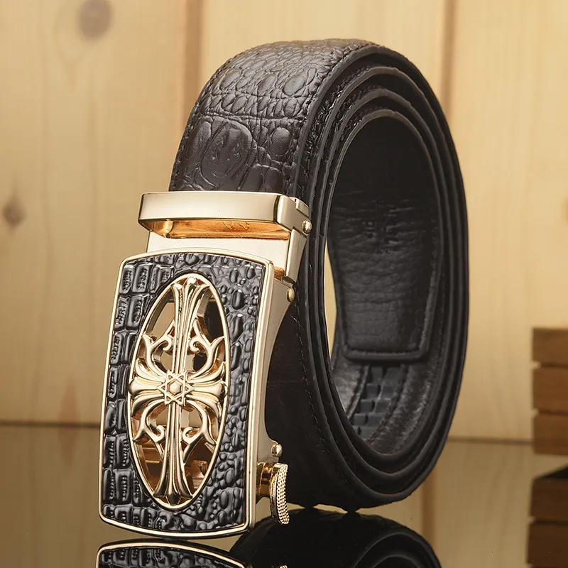 Men's Crocodile Pattern Genuine Leather Automatic Buckle Belt Retro Jazz Style