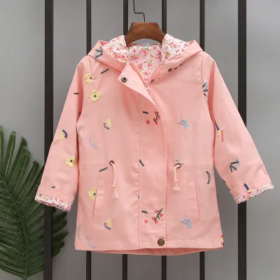 Kids Baby Girls Floral Embroidered Long-Sleeved Hooded Jacket Cotton Zip Front Short
