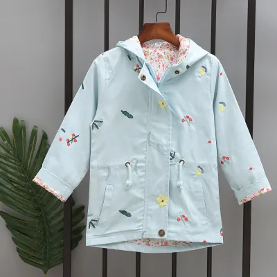 Kids Baby Girls Floral Embroidered Long-Sleeved Hooded Jacket Cotton Zip Front Short