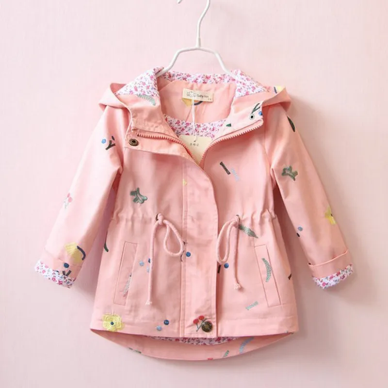 Kids Baby Girls Floral Embroidered Long-Sleeved Hooded Jacket Cotton Zip Front Short