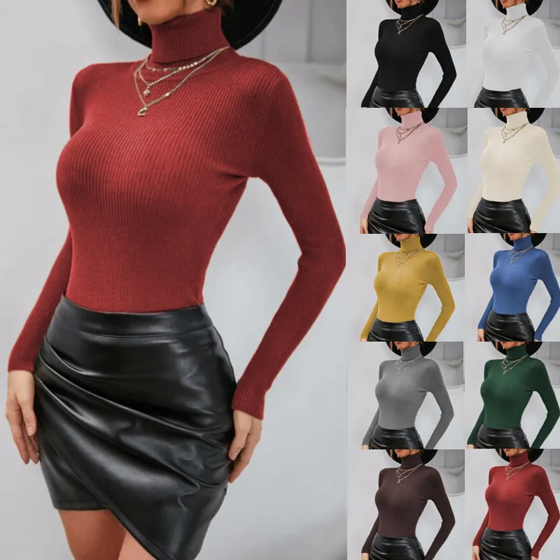 Women Autumn Winter Turtleneck Solid Color Slim Knitted Pullover Sweater