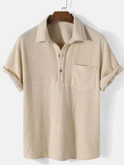 Men Casual Solid Color Loose Check Short Sleeve Shirt